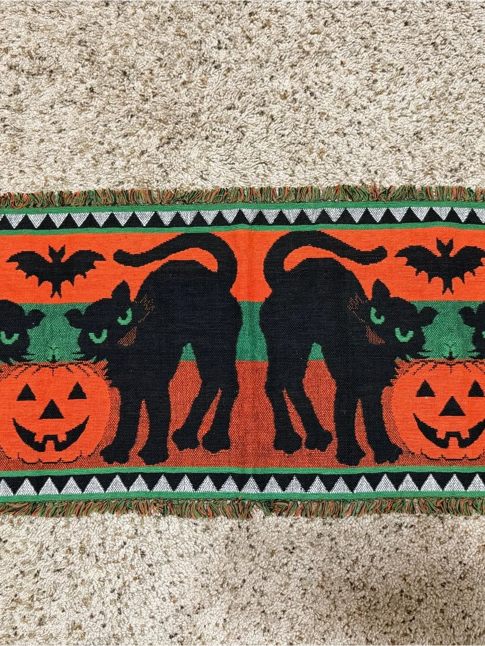 4 Vtg Halloween Table Runner Woven Tapestry Fringe 37” X 14.5” Black Cat Pumpkin